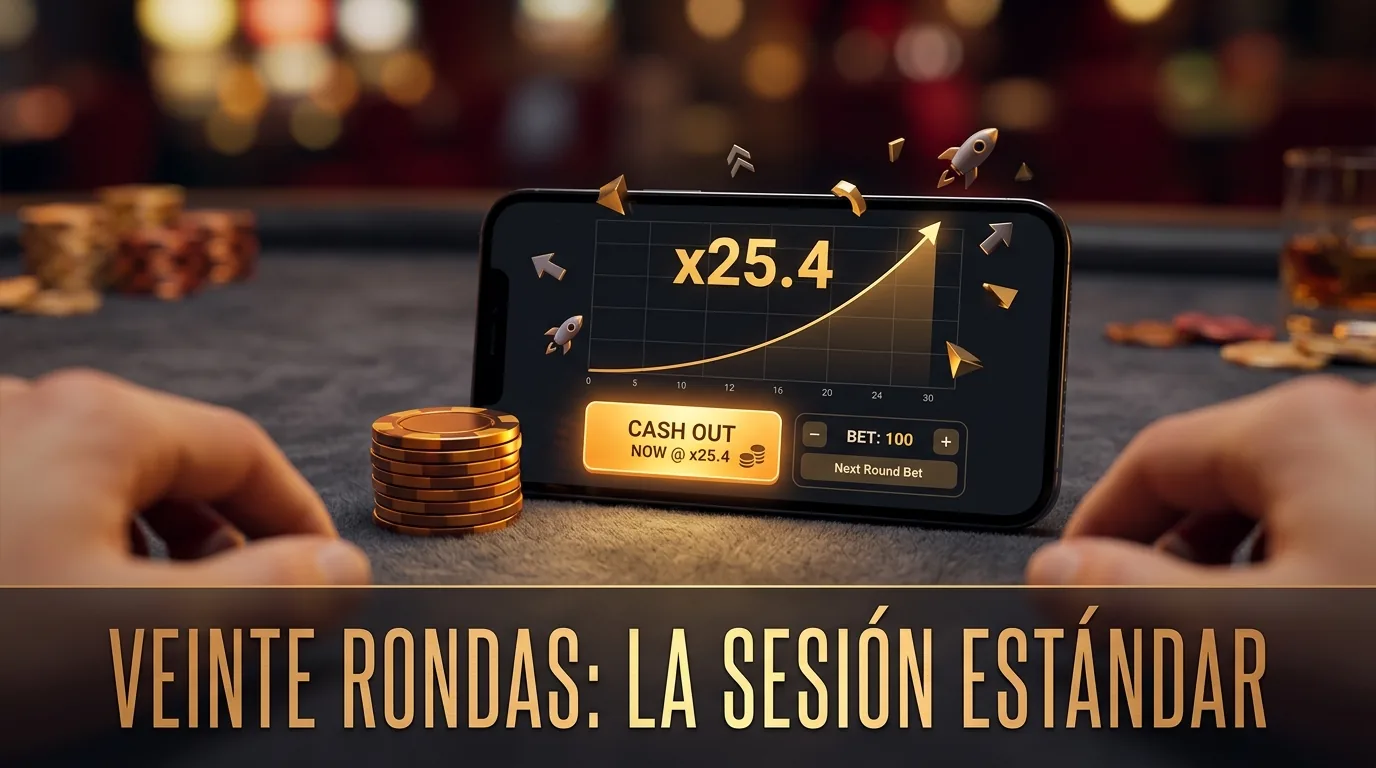 Teléfono móvil en mesa de casino con juego crash abierto y fichas.